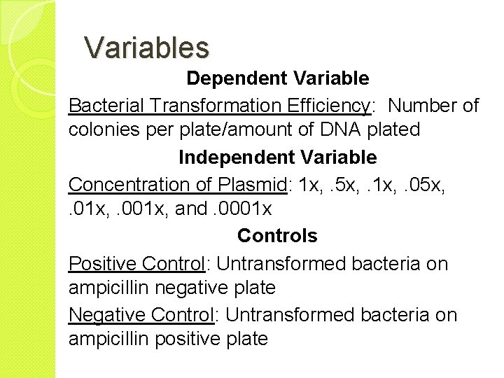 Variables Dependent Variable Bacterial Transformation Efficiency: Number of colonies per plate/amount of DNA plated