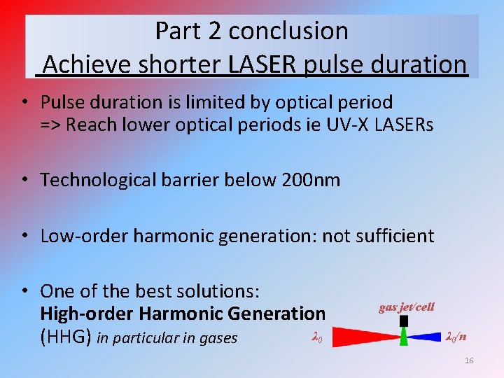 Part 2 conclusion Achieve shorter LASER pulse duration • Pulse duration is limited by