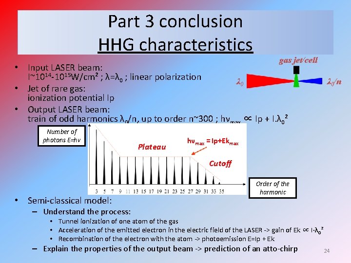 Part 3 conclusion HHG characteristics gas jet/cell • Input LASER beam: I~1014 -1015 W/cm²