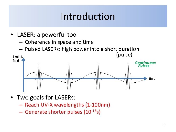 Introduction • LASER: a powerful tool – Coherence in space and time – Pulsed