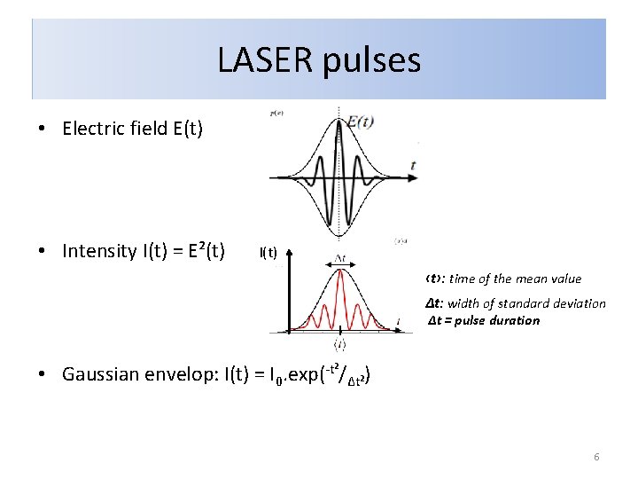 LASER pulses • Electric field E(t) • Intensity I(t) = E²(t) I(t) ‹t›: time