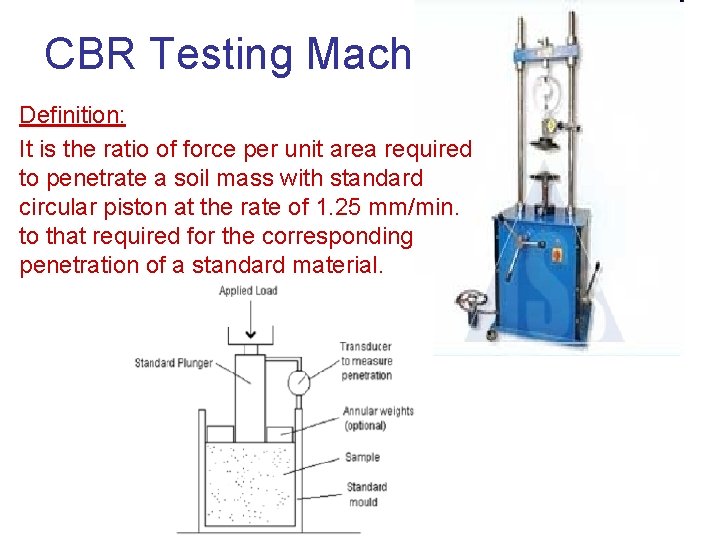 CBR Testing Machine Definition: It is the ratio of force per unit area required
