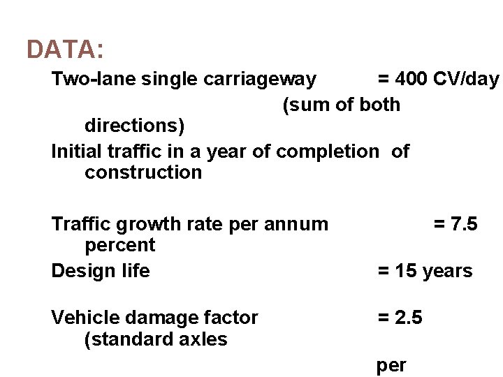 DATA: Two-lane single carriageway = 400 CV/day (sum of both directions) Initial traffic in