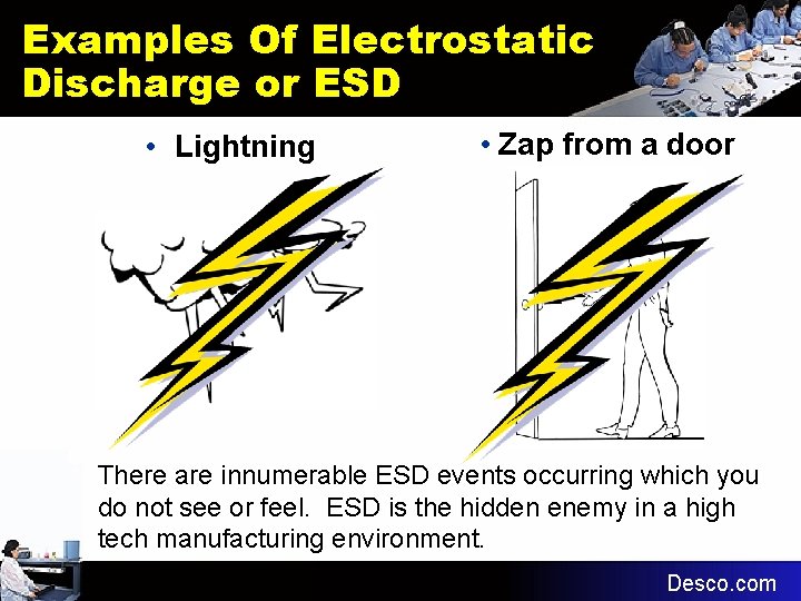 Examples Of Electrostatic Discharge or ESD • Lightning • Zap from a door There