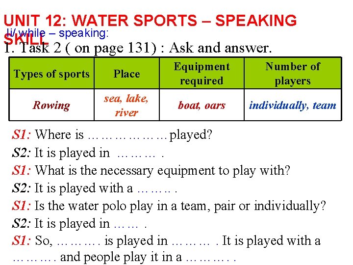 UNIT 12: WATER SPORTS – SPEAKING Ii/ while – speaking: SKILL 1. Task 2