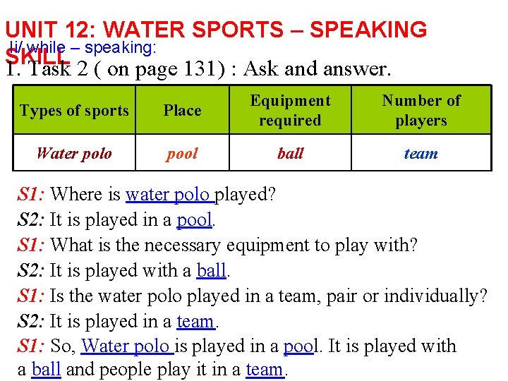 UNIT 12: WATER SPORTS – SPEAKING Ii/ while – speaking: SKILL 1. Task 2