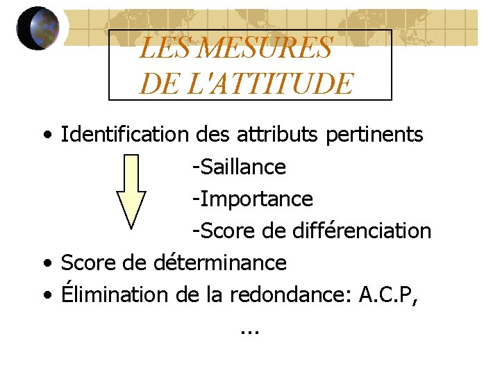 LES MESURES DE L'ATTITUDE • Identification des attributs pertinents -Saillance -Importance -Score de différenciation