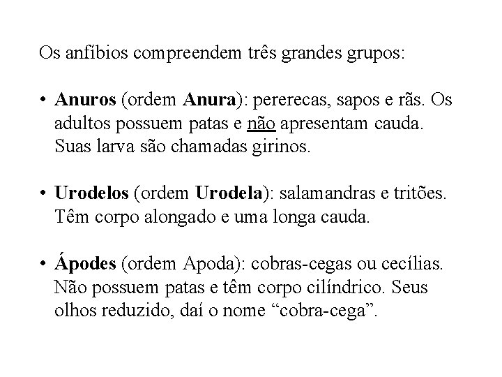 Os anfíbios compreendem três grandes grupos: • Anuros (ordem Anura): pererecas, sapos e rãs.