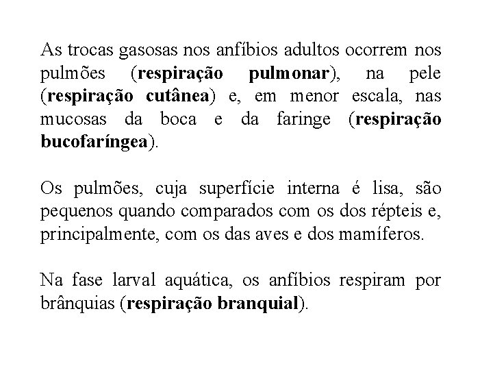 As trocas gasosas nos anfíbios adultos ocorrem nos pulmões (respiração pulmonar), na pele (respiração