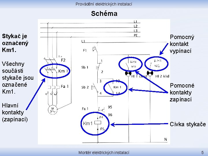 Provádění elektrických instalací Schéma Stykač je označený Km 1. Pomocný kontakt vypínací Všechny součásti