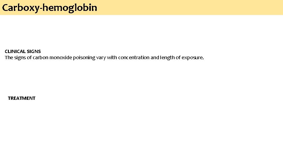 Carboxy-hemoglobin CLINICAL SIGNS The signs of carbon monoxide poisoning vary with concentration and length