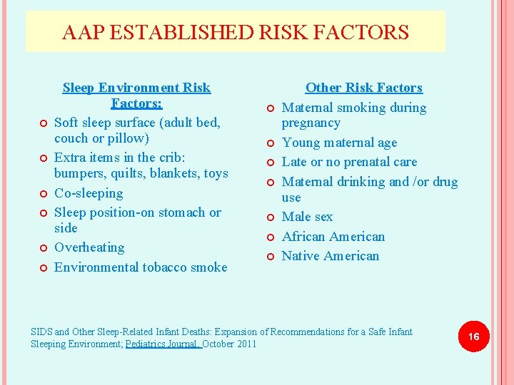 AAP ESTABLISHED RISK FACTORS Sleep Environment Risk Factors: Soft sleep surface (adult bed, couch
