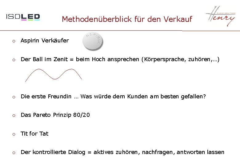 Methodenüberblick für den Verkauf o Aspirin Verkäufer o Der Ball im Zenit = beim