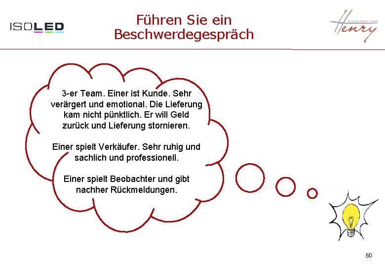 Führen Sie ein Beschwerdegespräch 3 -er Team. Einer ist Kunde. Sehr verärgert und emotional.