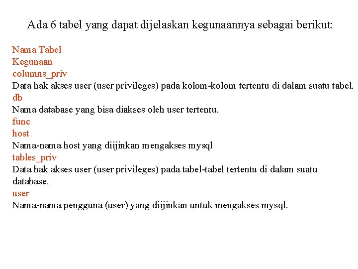 Ada 6 tabel yang dapat dijelaskan kegunaannya sebagai berikut: Nama Tabel Kegunaan columns_priv Data