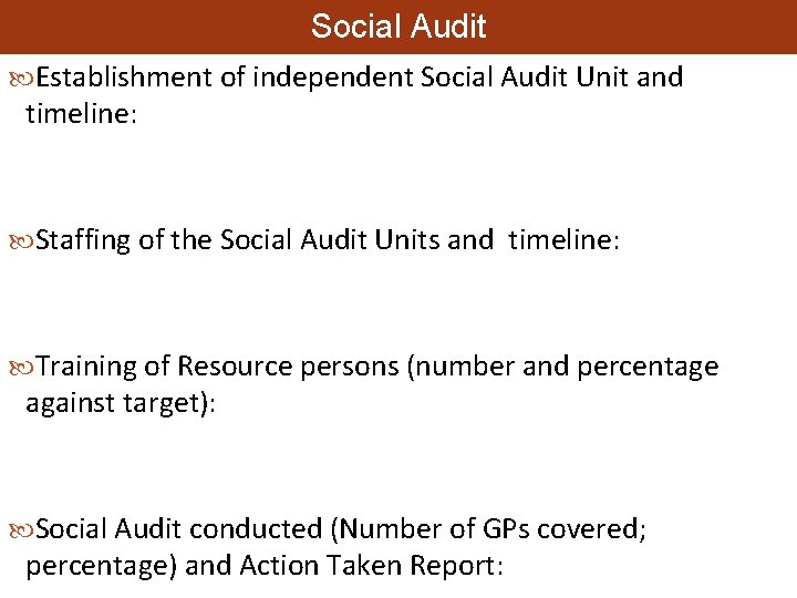 Social Audit Establishment of independent Social Audit Unit and timeline: Staffing of the Social