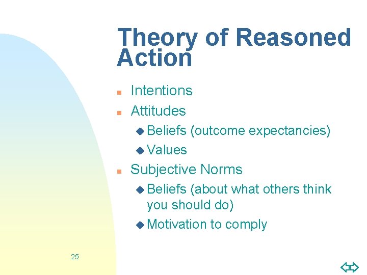 Theory of Reasoned Action n n Intentions Attitudes u Beliefs (outcome expectancies) u Values