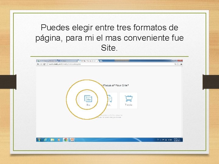 Puedes elegir entre tres formatos de página, para mi el mas conveniente fue Site.