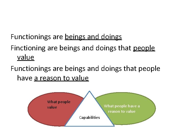 Functionings are beings and doings Finctioning are beings and doings that people value Functionings