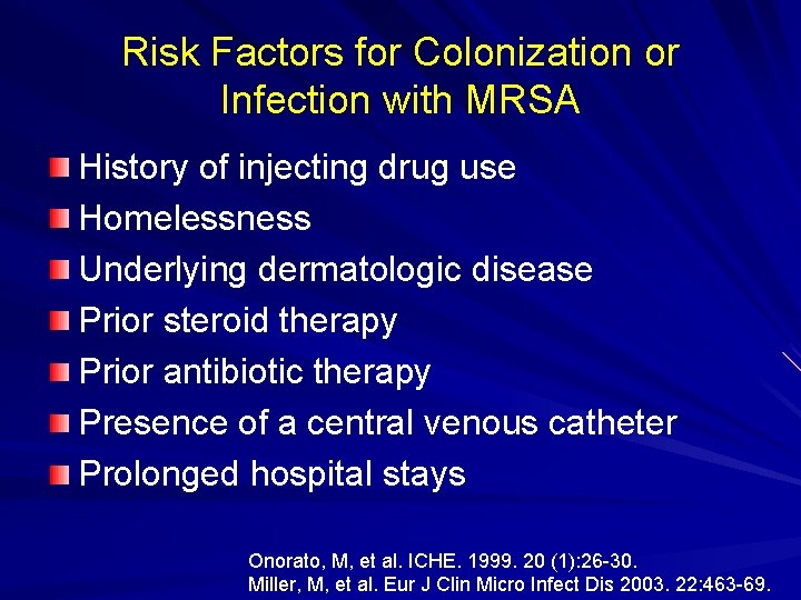 Risk Factors for Colonization or Infection with MRSA History of injecting drug use Homelessness