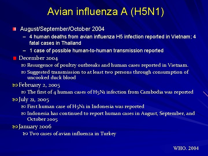 Avian influenza A (H 5 N 1) August/September/October 2004 – 4 human deaths from