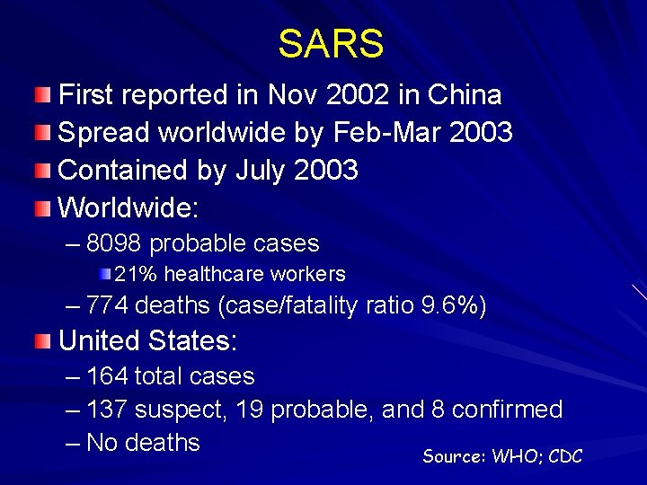 SARS First reported in Nov 2002 in China Spread worldwide by Feb-Mar 2003 Contained