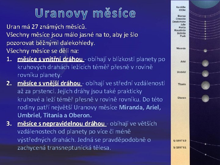 Uran má 27 známých měsíců. Všechny měsíce jsou málo jasné na to, aby je