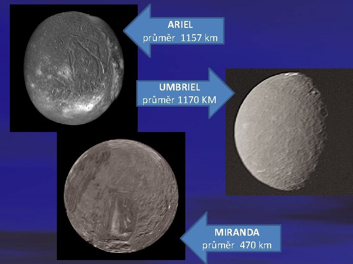 ARIEL průměr 1157 km UMBRIEL průměr 1170 KM MIRANDA průměr 470 km 