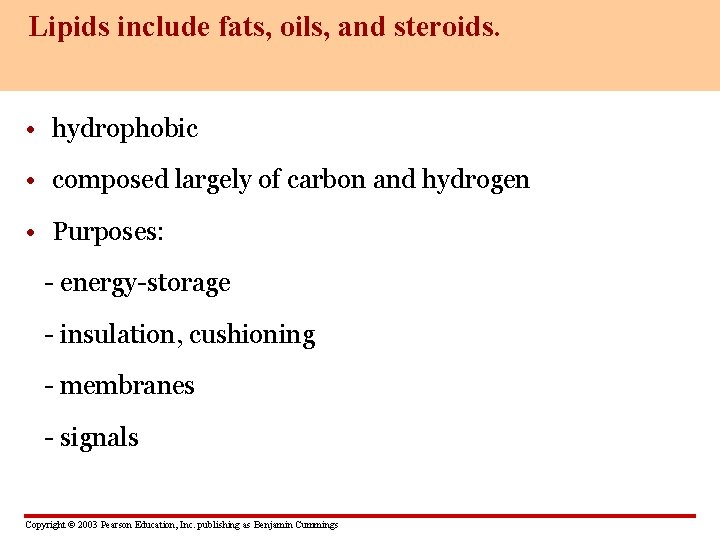 Lipids include fats, oils, and steroids. • hydrophobic • composed largely of carbon and