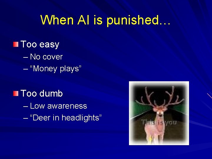 When AI is punished… Too easy – No cover – “Money plays” Too dumb