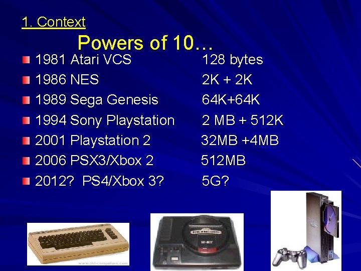 1. Context Powers of 10… 1981 Atari VCS 1986 NES 1989 Sega Genesis 1994