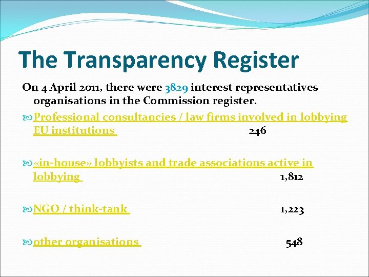 The Transparency Register On 4 April 2011, there were 3829 interest representatives organisations in