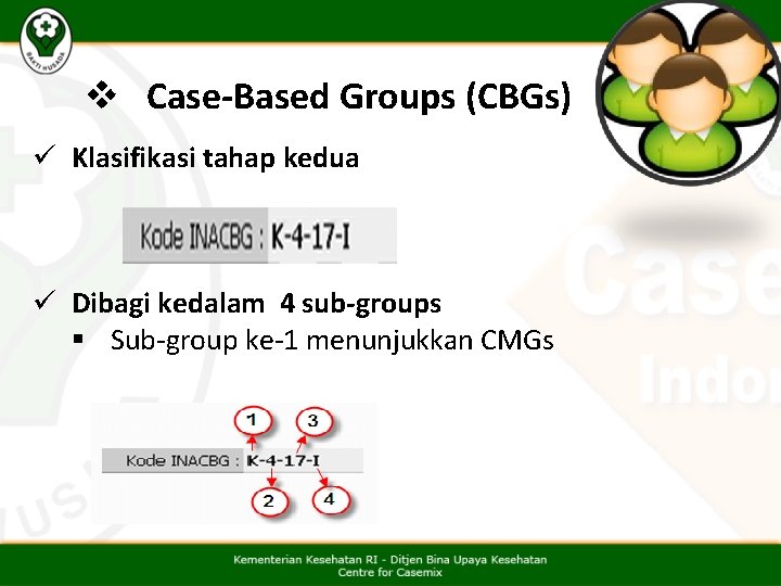 v Case-Based Groups (CBGs) ü Klasifikasi tahap kedua ü Dibagi kedalam 4 sub-groups § v Case-Based Groups (CBGs) ü Klasifikasi tahap kedua ü Dibagi kedalam 4 sub-groups §
