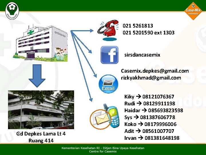 021 5261813 021 5201590 ext 1303 sirsdancasemix Casemix. depkes@gmail. com rizkyakhmad@gmail. com Gd Depkes 021 5261813 021 5201590 ext 1303 sirsdancasemix Casemix. depkes@gmail. com rizkyakhmad@gmail. com Gd Depkes