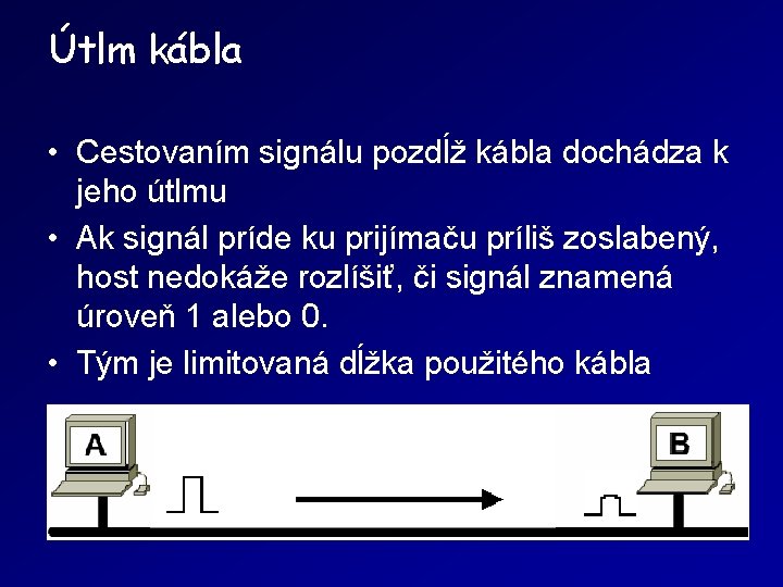 Útlm kábla • Cestovaním signálu pozdĺž kábla dochádza k jeho útlmu • Ak signál