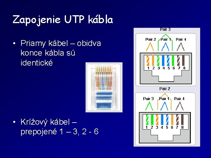 Zapojenie UTP kábla • Priamy kábel – obidva konce kábla sú identické • Krížový