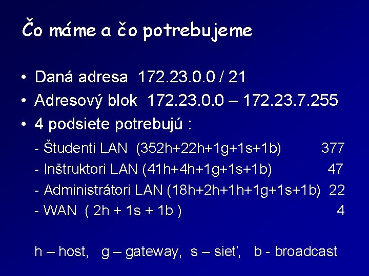 Čo máme a čo potrebujeme • Daná adresa 172. 23. 0. 0 / 21