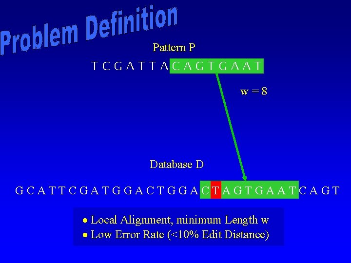Pattern P TCGATTACAGTGAAT w=8 Database D GCATTCGATGGACTAGTGAATCAGT · Local Alignment, minimum Length w ·