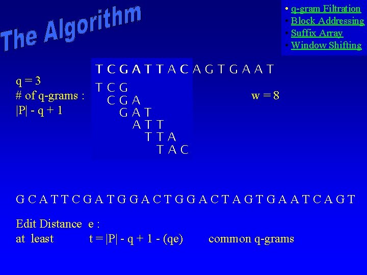  • q-gram Filtration • Block Addressing • Suffix Array • Window Shifting TCGATTACAGTGAAT