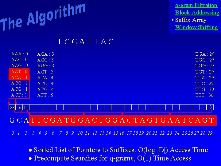  • q-gram Filtration • Block Addressing • Suffix Array • Window Shifting TCGATTAC