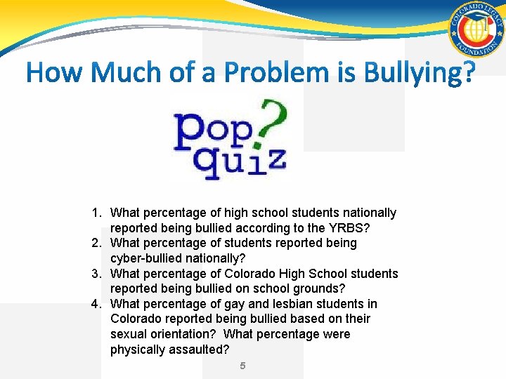 1. What percentage of high school students nationally reported being bullied according to the