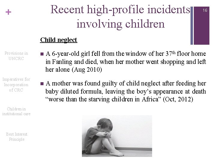 Recent high-profile incidents involving children + 16 Child neglect Provisions in UNCRC n A