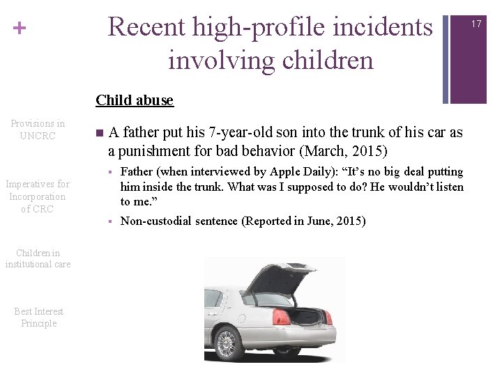 Recent high-profile incidents involving children + Child abuse Provisions in UNCRC n A father