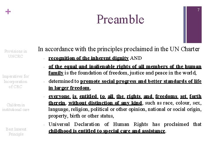 + Provisions in UNCRC Imperatives for Incorporation of CRC Preamble In accordance with the