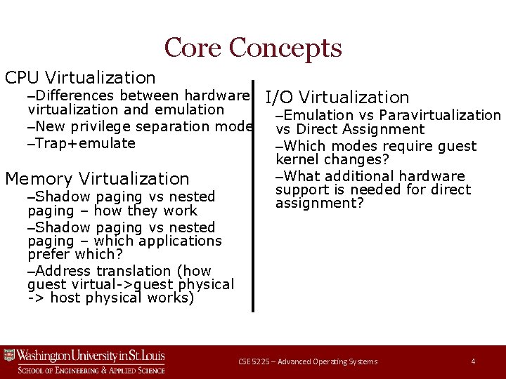 Core Concepts CPU Virtualization –Differences between hardware I/O Virtualization virtualization and emulation –Emulation vs
