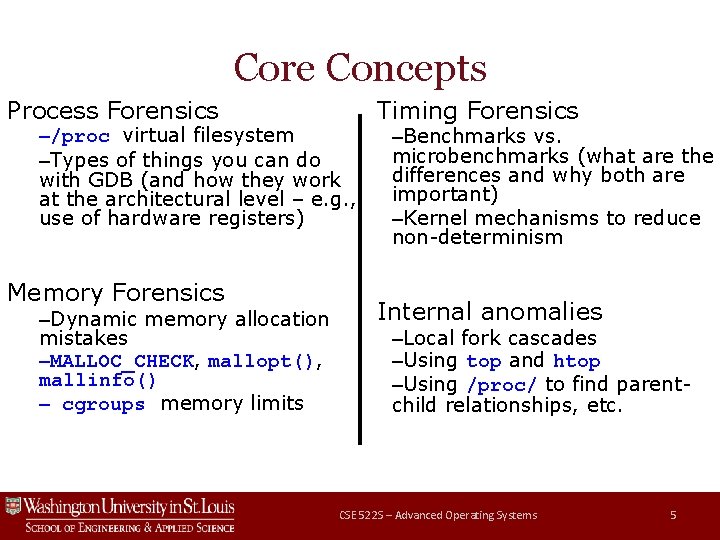 Core Concepts Process Forensics –/proc virtual filesystem –Types of things you can do with