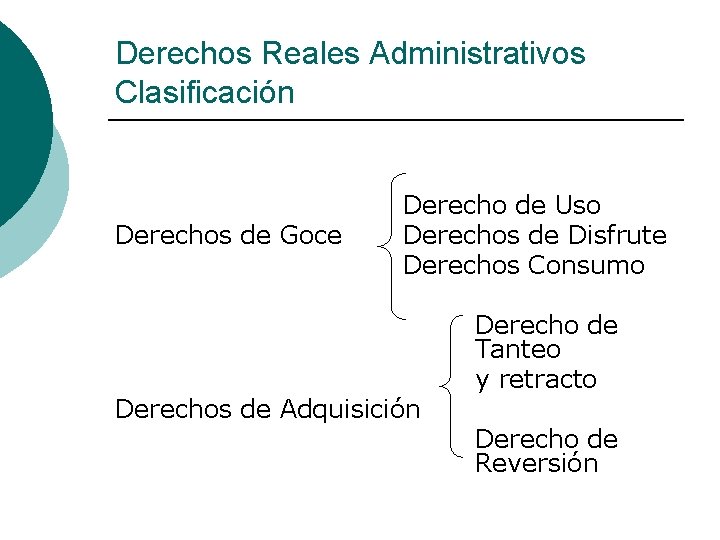 Derechos Reales Administrativos Clasificación Derechos de Goce Derecho de Uso Derechos de Disfrute Derechos