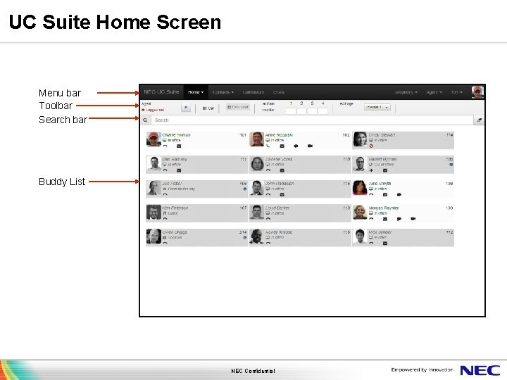 UC Suite Home Screen Menu bar Toolbar Search bar Buddy List NEC Confidential 