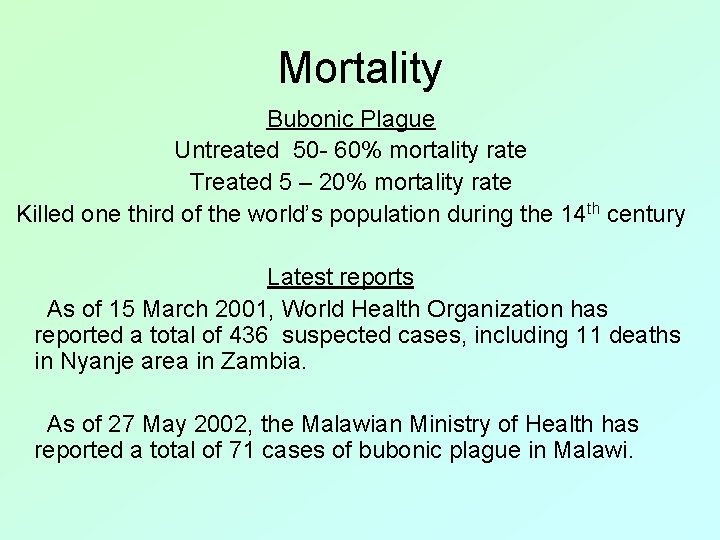 Mortality Bubonic Plague Untreated 50 - 60% mortality rate Treated 5 – 20% mortality