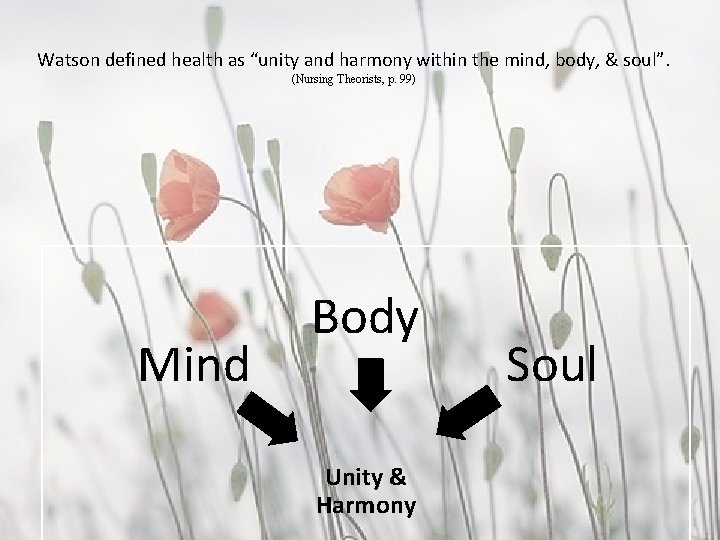 Watson defined health as “unity and harmony within the mind, body, & soul”. (Nursing